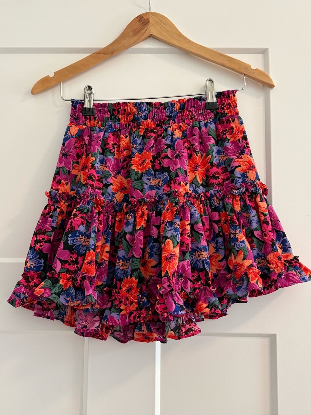 THML Floral Ruffle Skater Mini Skirt - Pink, Orange, Purple